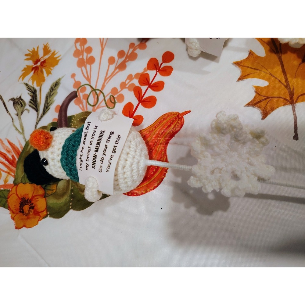 Handmade Crochet Snowman Doll on Stick with Quote Sign Message Tag